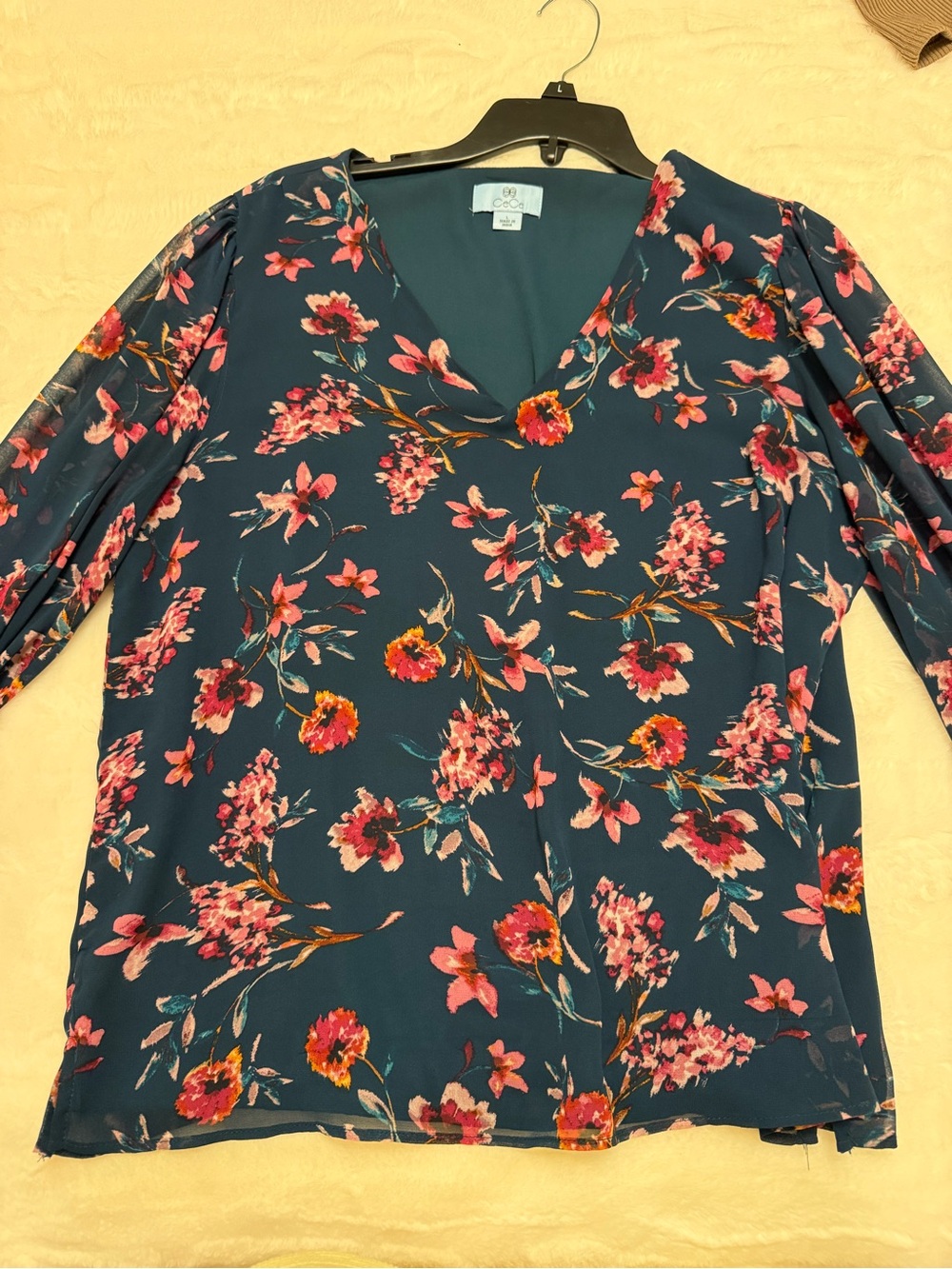 CeCe Navy Floral V-Neck Blouse with Pink Accents